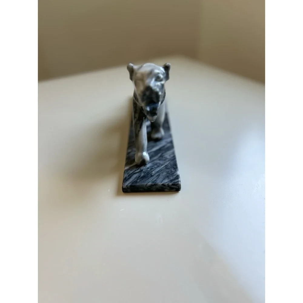 Vintage Marble Panther Statue Black White Stone Sculpture Mid Century Modern